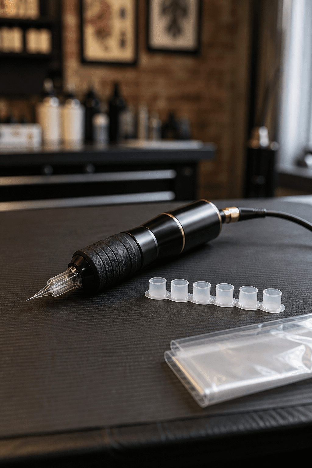 Máquina e materiais de tatuagem sobre uma bancada profissional